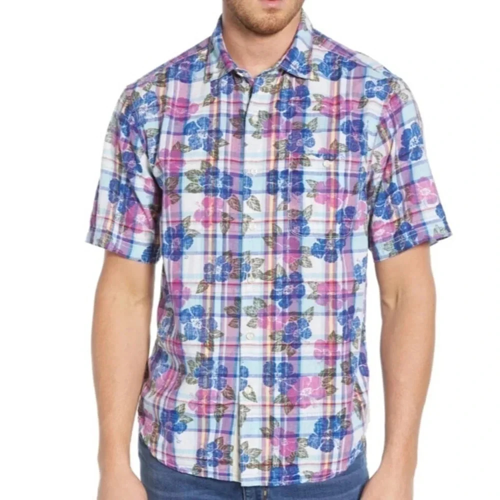 Tommy Bahama Shirt Pastino Plaid Linen Men’s Size L New